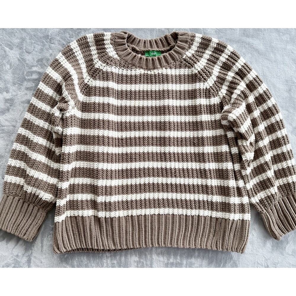 Dip Womens Sweater Crewneck Tan White Stripe Pullover Fuzzy Chennille Chunky XL - Picture 1 of 5